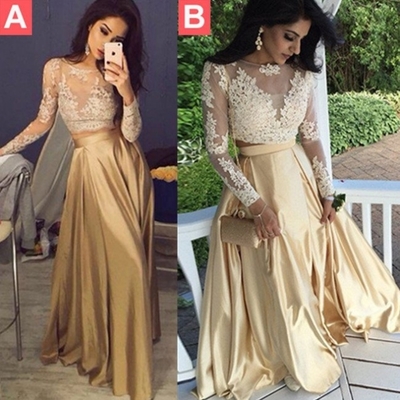 Long sleeves appliques two pieces a-line satin prom dresses 