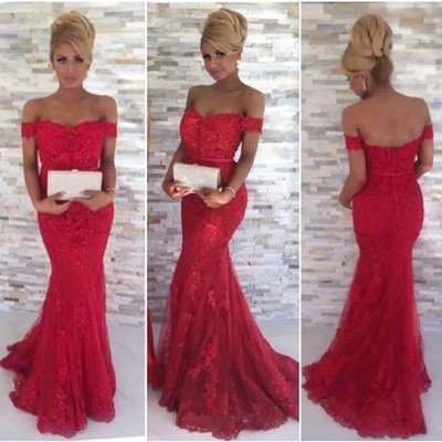 Red Off-the-Shoulder Appliques Mermaid Tulle Prom Dresses