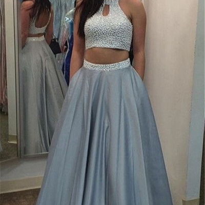 Long a-line high neck stretch satin prom dresses 