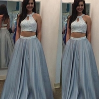 Long A-Line High Neck Stretch Satin Prom Dresses  - Thumbnail 1