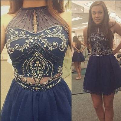 Blue beading high neck zipper short prom dresses