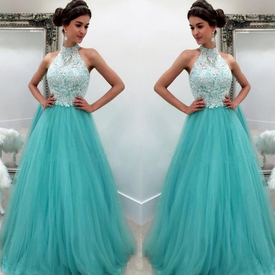  High Neck Appliques Floor-length A-line Tulle Prom Dresses 