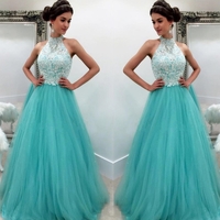  High Neck Appliques Floor-length A-line Tulle Prom Dresses  - Thumbnail 1