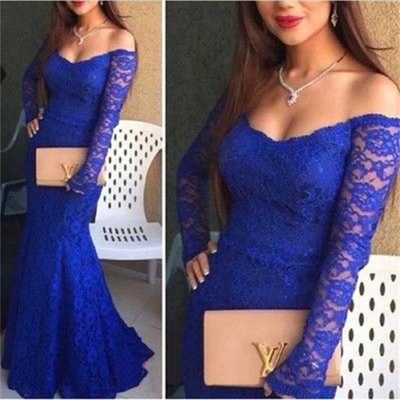 Blue off-the-shoulder mermaid lace prom dresses 2017