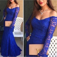 Blue Off-the-Shoulder Mermaid Lace Prom Dresses 2017 - Thumbnail 1