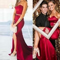 Burgundy Long Mermaid Sweetheart Split Front Satin Prom Dresses - Thumbnail 1