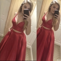 Red V-Neck Sleeveless A-line Satin Two Pieces Prom Dresses - Thumbnail 1