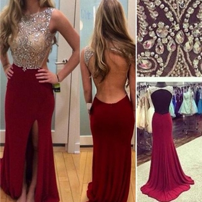 Long sheath crystal split front stretch satin burgundy prom dresses