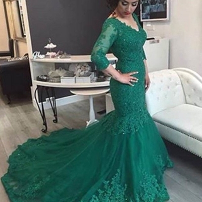 Green Newest Appliques Mermaid Tulle Prom Dresses 