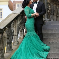 Green Newest Appliques Mermaid Tulle Prom Dresses  - Thumbnail 1