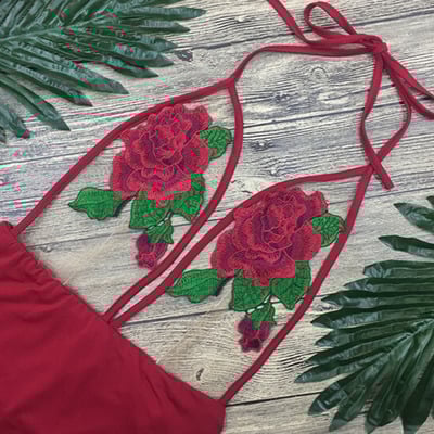 Sexy sheer flower embroidery top high waist one piece swimsuit with open back