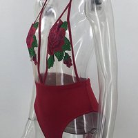 Sexy Sheer Flower Embroidery Top High Waist One Piece Swimsuit with Open Back - Thumbnail 3