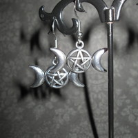 Triple Goddess Crescent Moon and Pentagram Earrings - Thumbnail 1