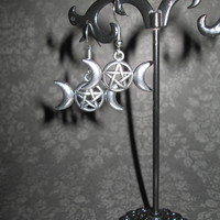 Triple Goddess Crescent Moon and Pentagram Earrings - Thumbnail 2