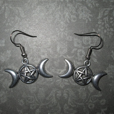 Triple goddess crescent moon and pentagram earrings