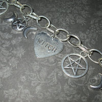 Witch Charm Bracelet with Pentagram, Heart, & Crescent Moon Charms - Thumbnail 1