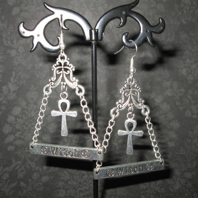 Occult witch pyramid earrings with ankh pendants