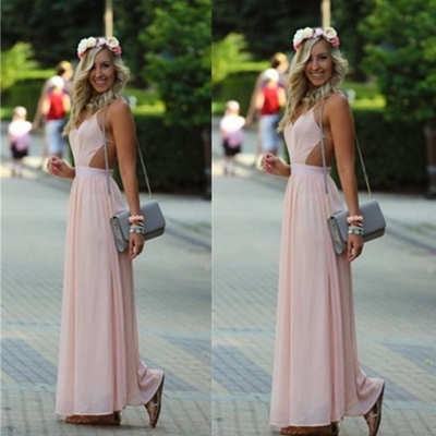 Sheath/column halter sleeveless natural backless floor-length chiffon prom dresses 