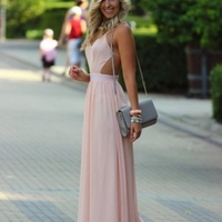Sheath/Column Halter Sleeveless Natural Backless Floor-Length Chiffon Prom Dresses  - Thumbnail 1