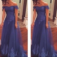 Blue Off-the-Shoulder Natural Short Sleeves Lace Floor-length Tulle Prom Dresses  - Thumbnail 1