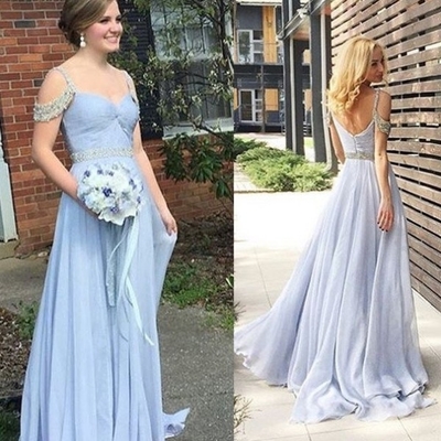 Blue beading straps a-line chiffon prom dresses 