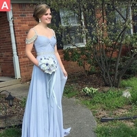 Blue Beading Straps A-line Chiffon Prom Dresses  - Thumbnail 1