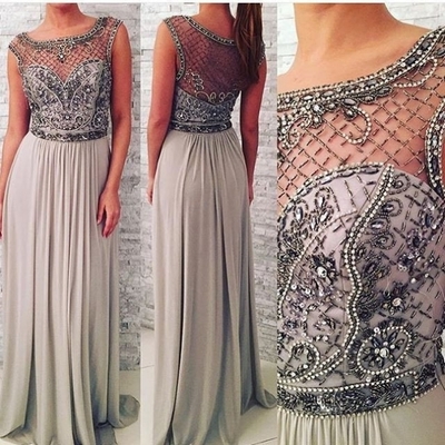 Illusion beading chiffon silver prom dresses