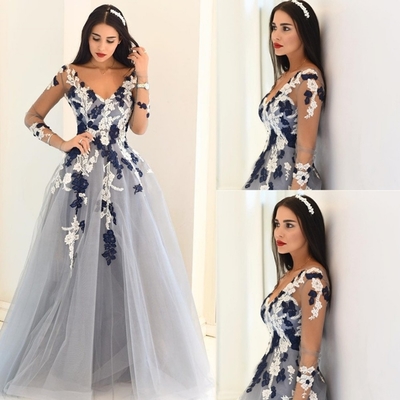 Sheer Sleeves Appliques A-line Tulle Prom Dresses