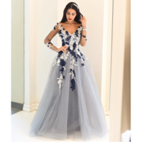 Sheer Sleeves Appliques A-line Tulle Prom Dresses - Thumbnail 1