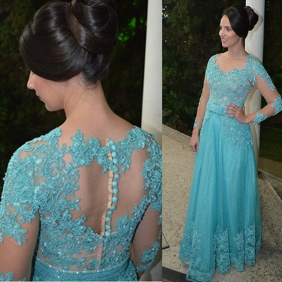 Blue long sleeves appliques natural floor-length a-line tulle prom dresses 
