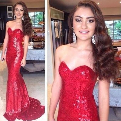 Red Long Sweetheart Mermaid Sequined Prom Dresses 2017