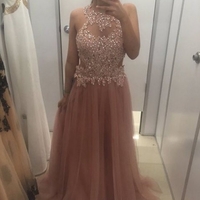 Beading Appliques Halter Open Back A-line Tulle Champagne Prom Dresses - Thumbnail 1
