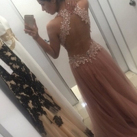 Beading Appliques Halter Open Back A-line Tulle Champagne Prom Dresses - Thumbnail 2