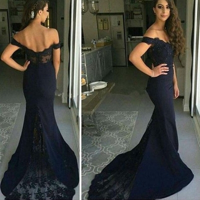 Blue mermaid off-the-shoulder sleeveless natural zipper lace prom dresses