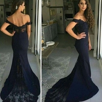 Blue Mermaid Off-the-Shoulder Sleeveless Natural Zipper Lace Prom Dresses - Thumbnail 1