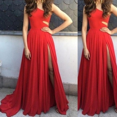 Red a-line one shoulder sleeveless natural sweep/brush train chiffon prom dresses 