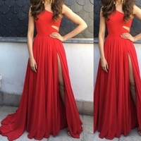 Red A-Line One Shoulder Sleeveless Natural Sweep/Brush Train Chiffon Prom Dresses  - Thumbnail 1
