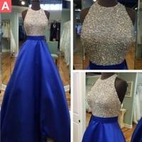 Blue Beading Halter A-line Satin Prom Dresses 2017 - Thumbnail 1