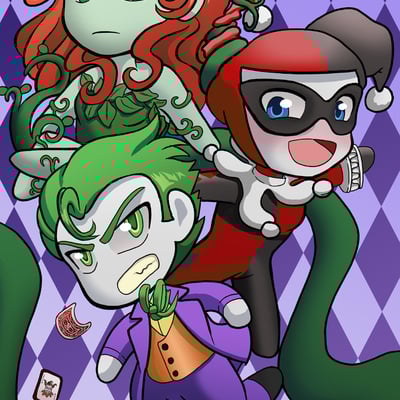 Batman villian chibis joker, harley quinn and poison ivy