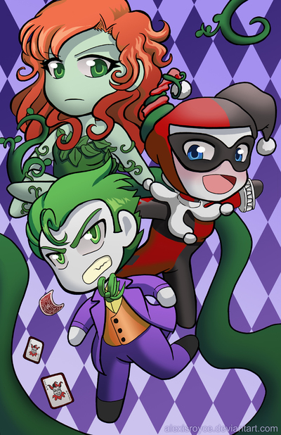 Batman villian chibis joker, harley quinn and poison ivy