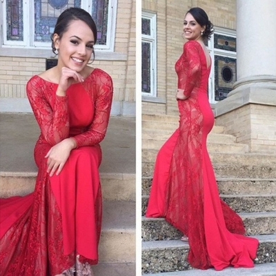 Red Mermaid Bateau Long Sleeve Sweep/Brush Train Prom Dresses 2017 