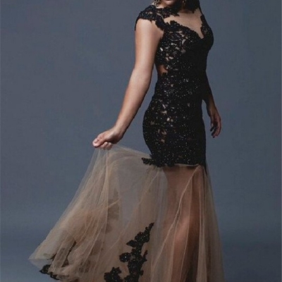 Black long trumpet/mermaid lace spliced scoop tulle prom dresses