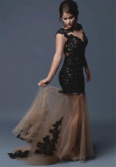 Black Long Trumpet/Mermaid Lace Spliced Scoop Tulle Prom Dresses