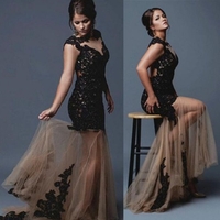 Black Long Trumpet/Mermaid Lace Spliced Scoop Tulle Prom Dresses - Thumbnail 1