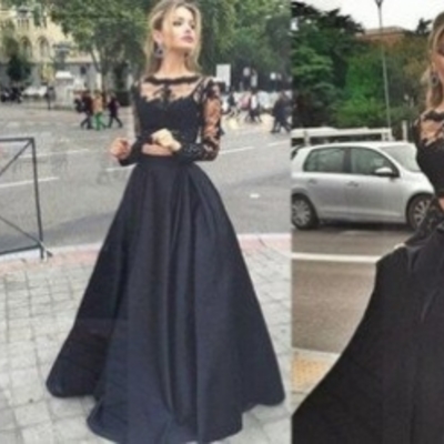 Black illusion a-line satin prom dresses 