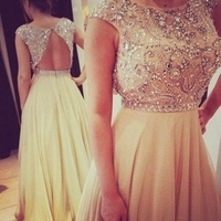 A-Line Sleeveless Empire Backless Floor-Length Chiffon Champagne Prom Dresses  - Thumbnail 1