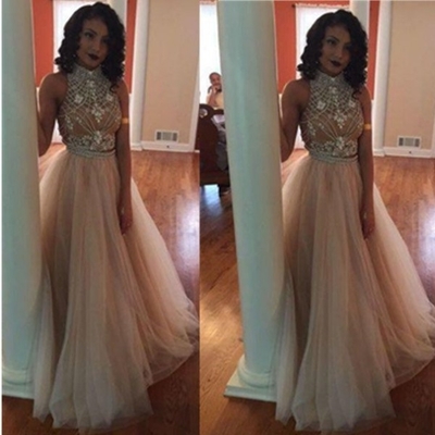 A-line halter sleeveless backless floor-length chiffon champagne prom dresses 