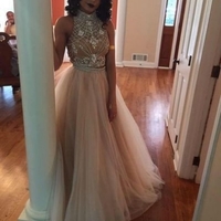 A-Line Halter Sleeveless Backless Floor-Length Chiffon Champagne Prom Dresses  - Thumbnail 1
