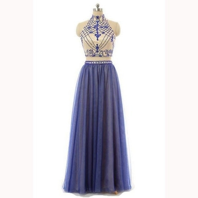 Long a-line beading high neck two pieces chiffon prom dresses 
