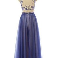 Long A-line Beading High Neck Two Pieces Chiffon Prom Dresses  - Thumbnail 1